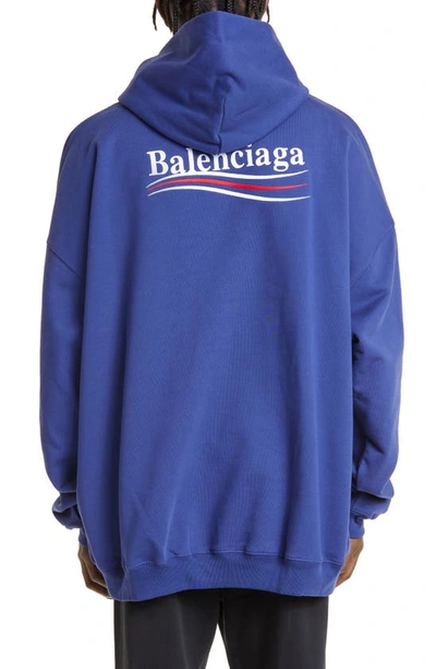 Shop Balenciaga ' Campaign Embroidered Logo Oversize Cotton Hoodie In Pacific Blue/ White