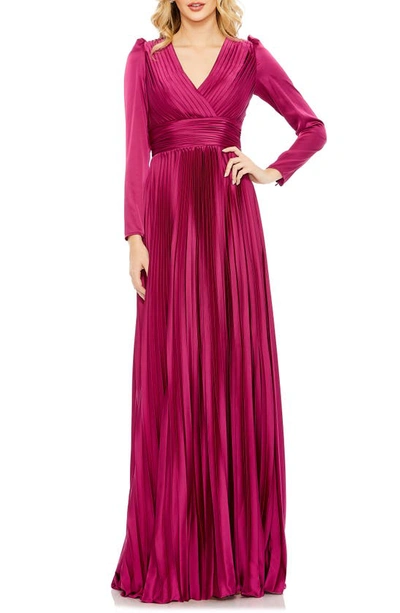 Shop Mac Duggal Long Sleeve Pleated Chiffon A-line Gown In Magenta