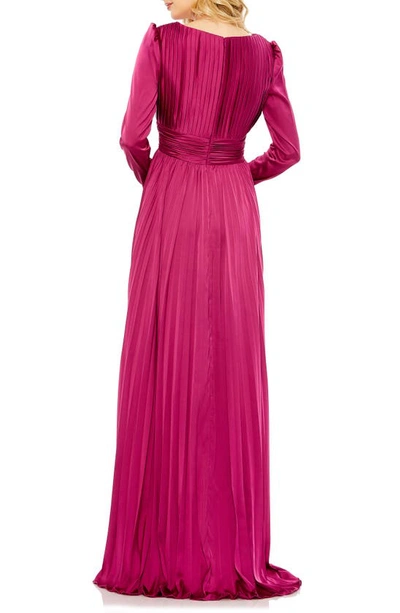 Shop Mac Duggal Long Sleeve Pleated Chiffon A-line Gown In Magenta