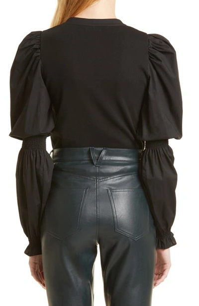 Shop Veronica Beard Effy Woven Puff Sleeve Rib Top In Black