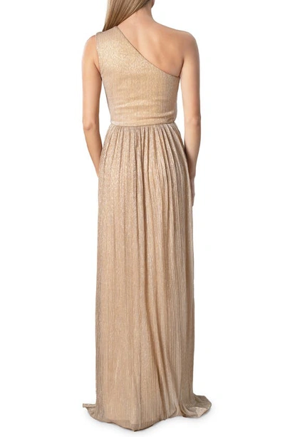 Shop Dress The Population Kienna Shimmer Cutout Detail One-shoulder Gown In Pale Gold