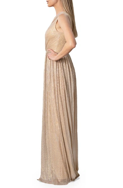 Shop Dress The Population Kienna Shimmer Cutout Detail One-shoulder Gown In Pale Gold