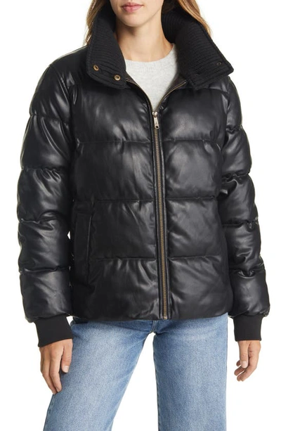 Shop Sam Edelman Faux Leather Puffer Jacket With Ribbed Collar In Black