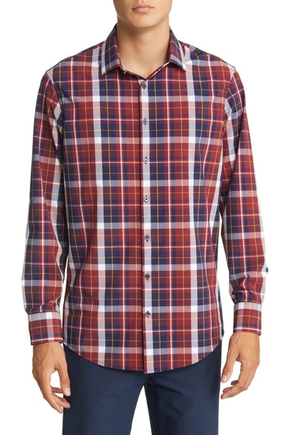 Shop Mizzen + Main Leeward Trim Fit Plaid Performance Button-up Shirt In Large Burgundy Plaid