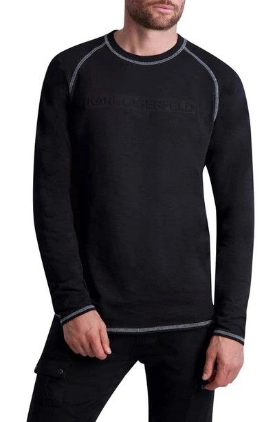 Shop Karl Lagerfeld Embossed Logo Long Sleeve Cotton T-shirt In Black