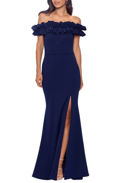 Shop Xscape Off The Shoulder Ruffle Crepe Trumpet Gown In Navy