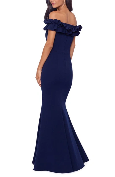 Shop Xscape Evenings Off The Shoulder Ruffle Crepe Trumpet Gown In Navy