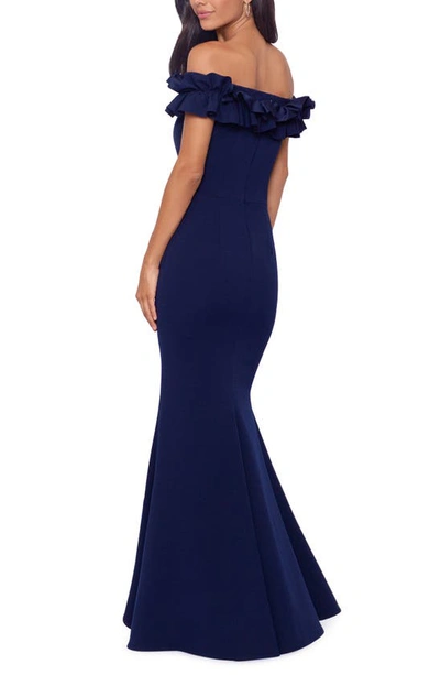 Shop Xscape Off The Shoulder Ruffle Crepe Trumpet Gown In Navy