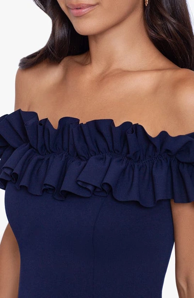 Shop Xscape Off The Shoulder Ruffle Crepe Trumpet Gown In Navy