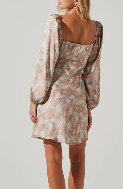Shop Astr Abstract Print Long Sleeve Satin Dress In Taupe Mauve Multi