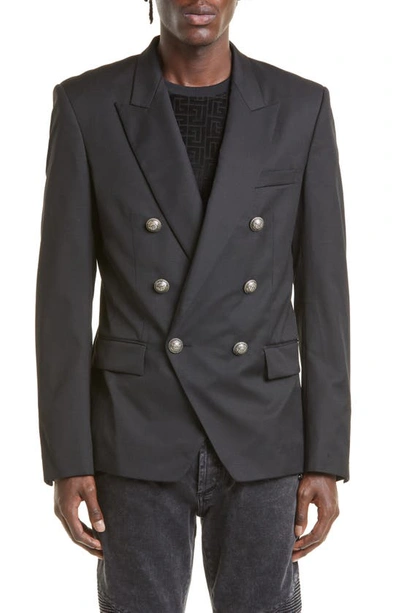 Shop Balmain Double Breasted Wool Blazer In Black