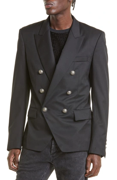 Shop Balmain Double Breasted Wool Blazer In Black