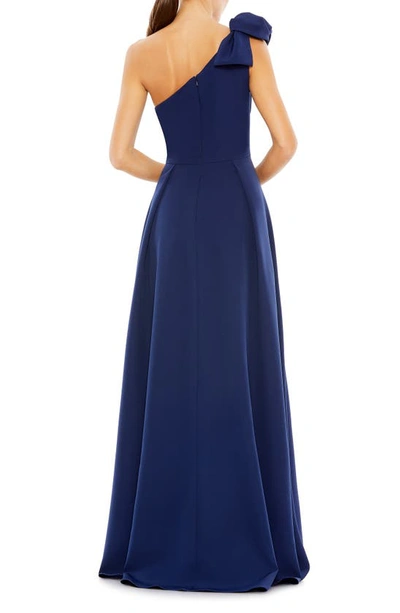 Shop Ieena For Mac Duggal Bow One-shoulder A-line Gown In Midnight