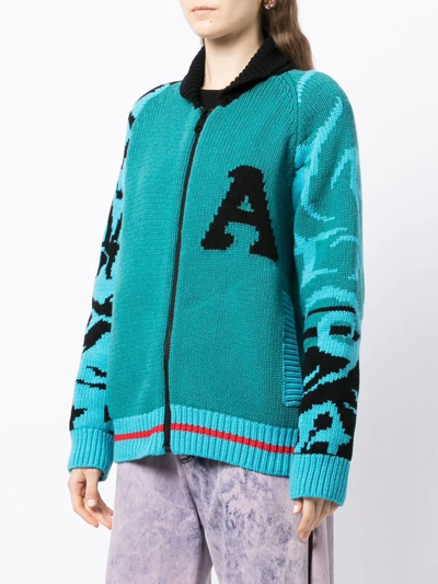 Shop Aries Logo-intarsia Zip-up Cardigan In Blue