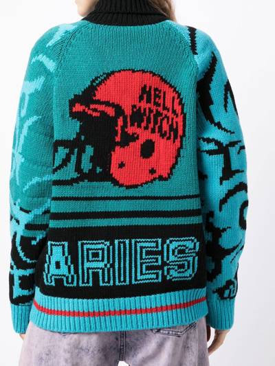 Shop Aries Logo-intarsia Zip-up Cardigan In Blue