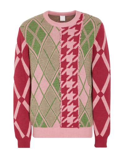 Shop 8 By Yoox Jacquard Knit Contrast Crewneck Man Sweater Pink Size M Acrylic, Viscose, Wool, Alpaca Woo