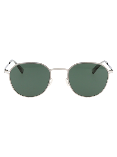 Shop Mykita Talvi Sunglasses In 051 Shiny Silver Dark Green Solid