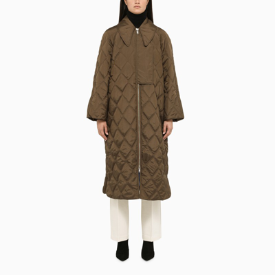 Shop Ganni Long Brown Quilted Jacket