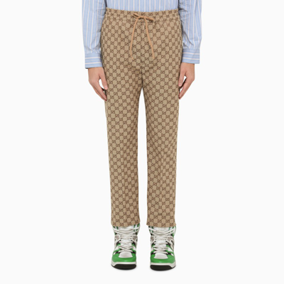 Shop Gucci Camel And Ebony Trousers In Gg Cotton In Beige