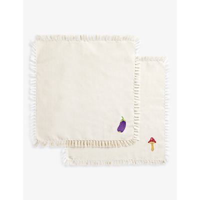 Shop Anna + Nina Aubergine And Mushroom-embroidered Cotton Napkins Set Of Two