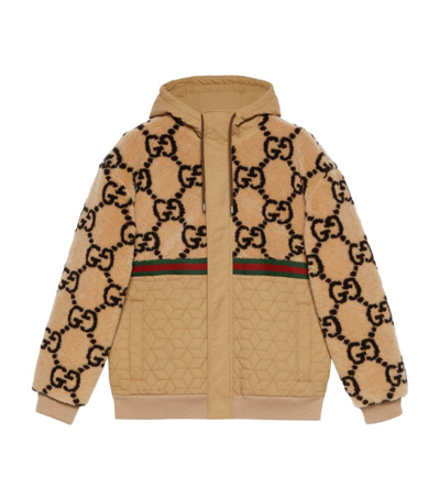 Shop Gucci Faux Fur Gg Jacquard Jacket In Neutrals