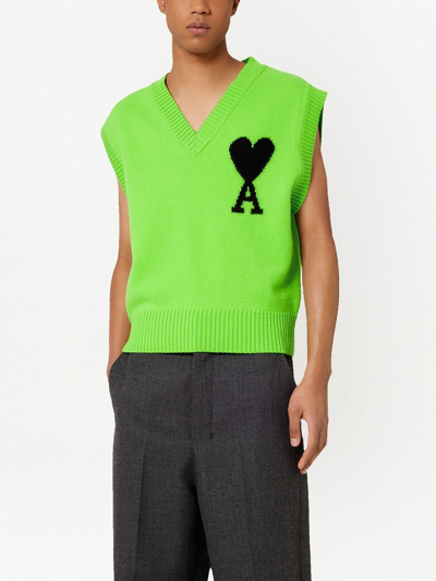 Ami Alexandre Mattiussi Ami Paris Logo Embroidered Knitted Vest In Green