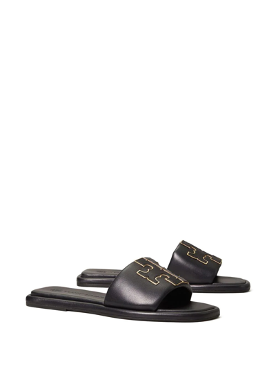 Tory Burch Double T Leather Slides In Black