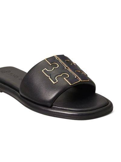 Tory Burch Double T Leather Slides In Black