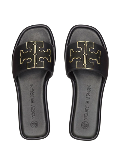 Tory Burch Double T Leather Slides In Black