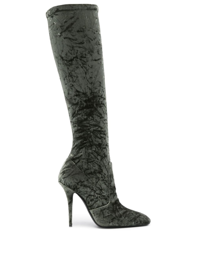 Shop Saint Laurent Crinkled Velvet-finish 110mm Boots In Green