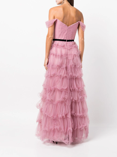 Shop Marchesa Notte Off-shoulder Gathered-detail Dress In Mauve