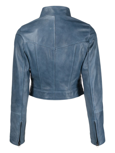 Shop Manokhi Cropped Leather Jacket In Blau
