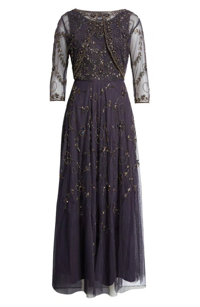 Shop Pisarro Nights Beaded Mesh Gown With Jacket In Eggplant