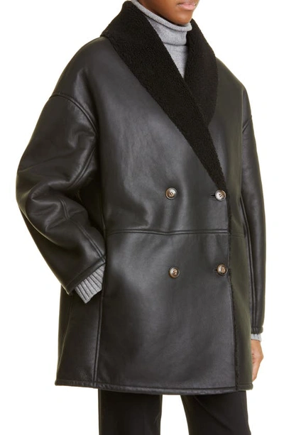 Shop Loulou Studio Leather Coat With Genuine Shearling Lining In Black/ Black