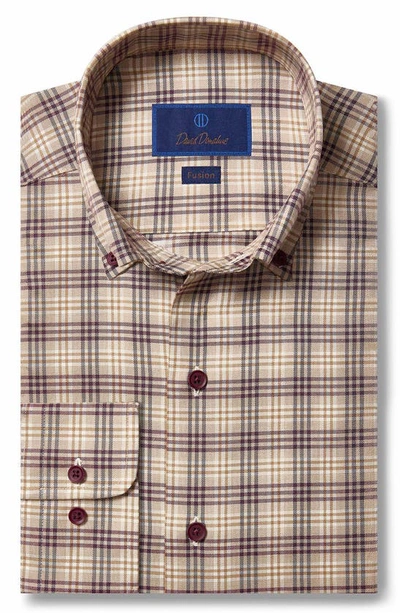 Shop David Donahue Trim Fit Windowpane Fusion Shirt In Khaki/ Charcoal