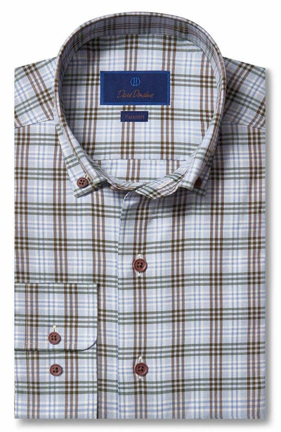 Shop David Donahue Trim Fit Windowpane Fusion Shirt In Blue/ Brown