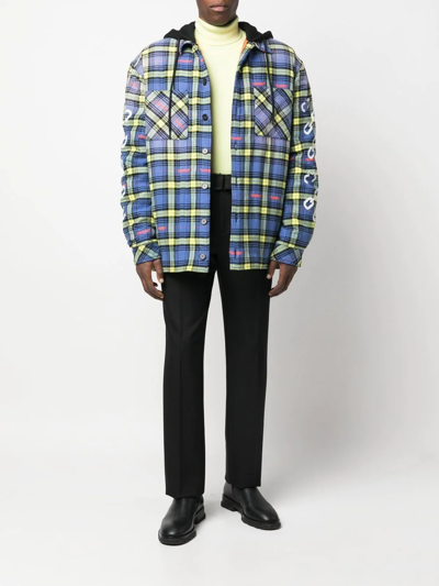 Off-white Chain Arrows Plaid Hooded Cotton Flannel Overshirt In Dusty Blue White