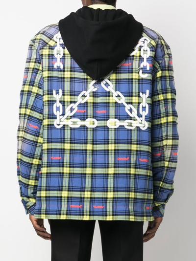Off-white Chain Arrows Plaid Hooded Cotton Flannel Overshirt In Dusty Blue White