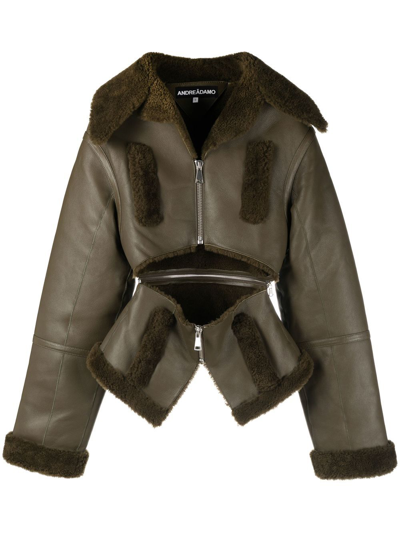 Andreädamo Cut-out Shearling-trim Leather Jacket In Grün