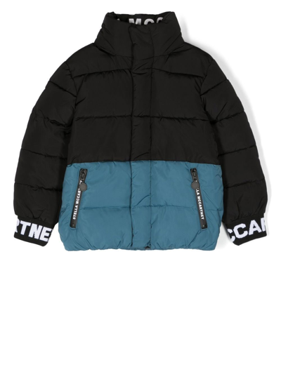 Shop Stella Mccartney Colour-block Logo Print Puffer Jacket In Black