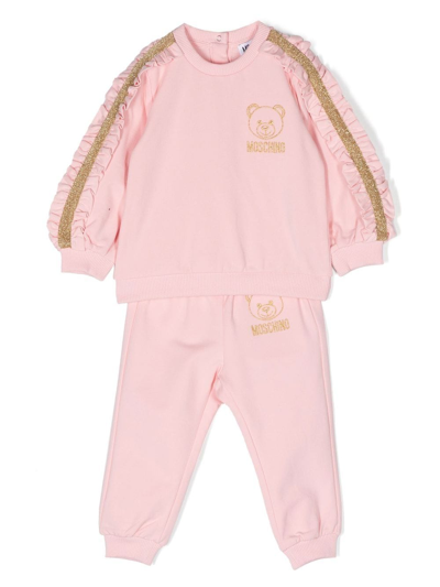Shop Moschino Ruffled Logo-embroidered Tracksuit In Pink