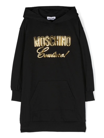 Shop Moschino Metallic-logo Hooded Dress In Black