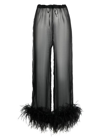 Shop Oseree Feather-trim Silk Trousers In Black