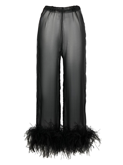 Shop Oseree Feather-trim Silk Trousers In Black