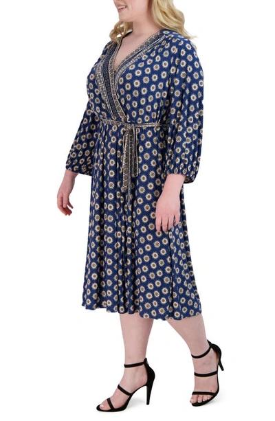 Shop Sandra Darren Surplice Tie Waist Midi Dress In Navy Multi