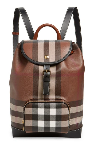 Shop Burberry Medium Check E-canvas & Leather Backpack In Dark Birch Brown