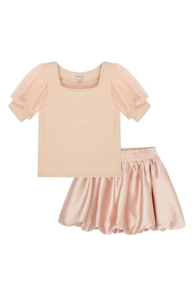 Shop Habitual Rib Puff Sleeve Top & Skirt Set In Light Pink