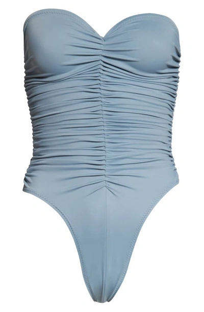 Shop Norma Kamali Slinky Marissa Strapless One-piece Swimsuit In Soft Blue
