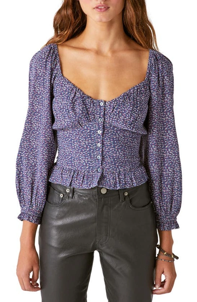 Shop Lucky Brand Floral Smocked Button-up Blouse In Navy Multi