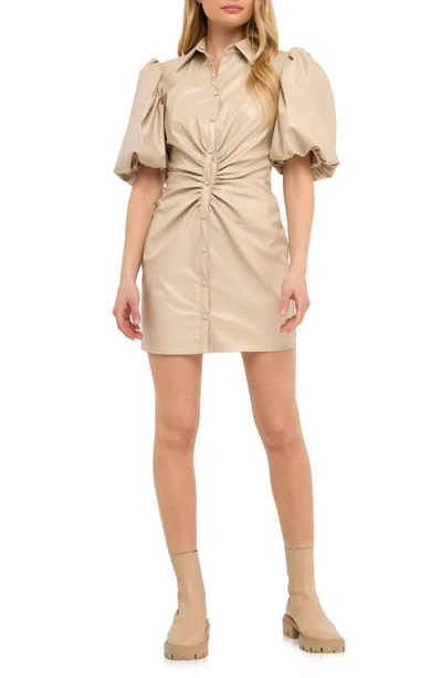 Endless Rose Faux Leather Button Closure Mini Dress In Taupe